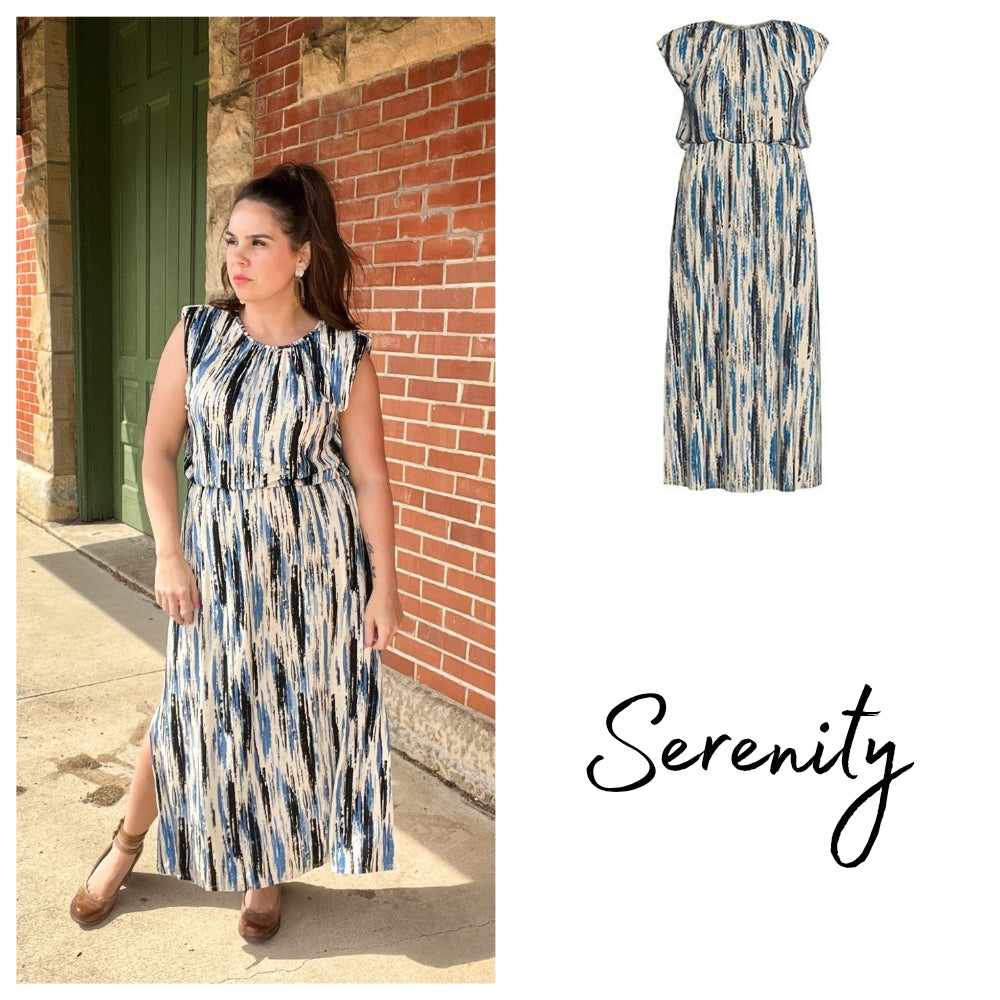 Career Serenity Maxi Dress - Cream Blue Vertical Print