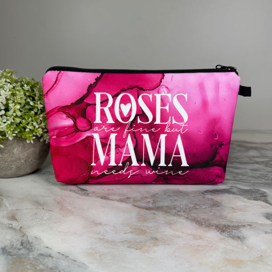 Roses Are Fine Mama Needs Wine zipper pouch by Arimel by Emily