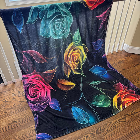Blanket - Floral Colorful Roses on Black