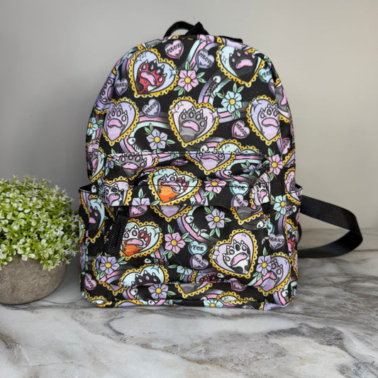 Cat Paw Meow on Black mini backpack by Arimel by Emily