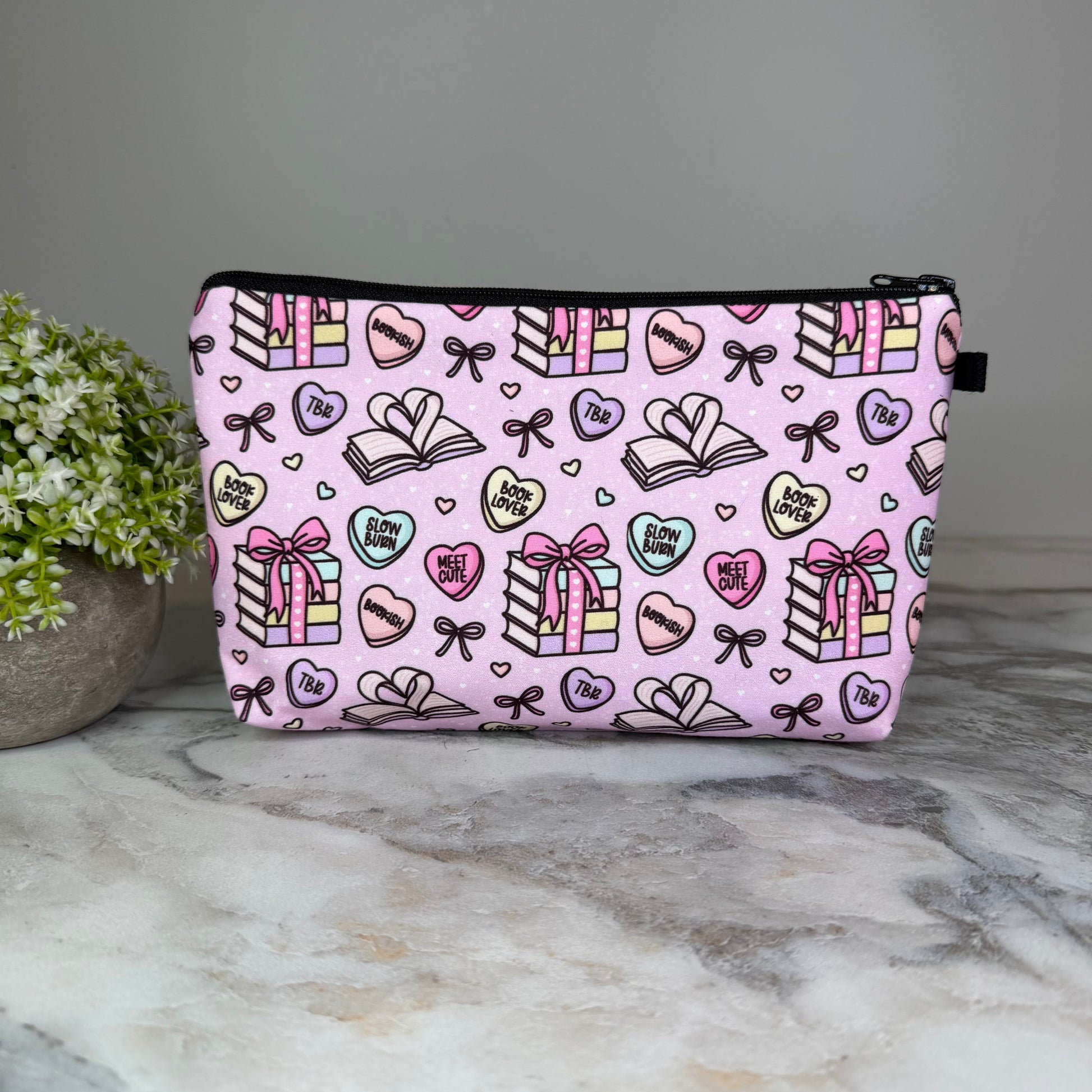 Book Heart Romance TBR, Pink zipper pouch by Arimel by Emily