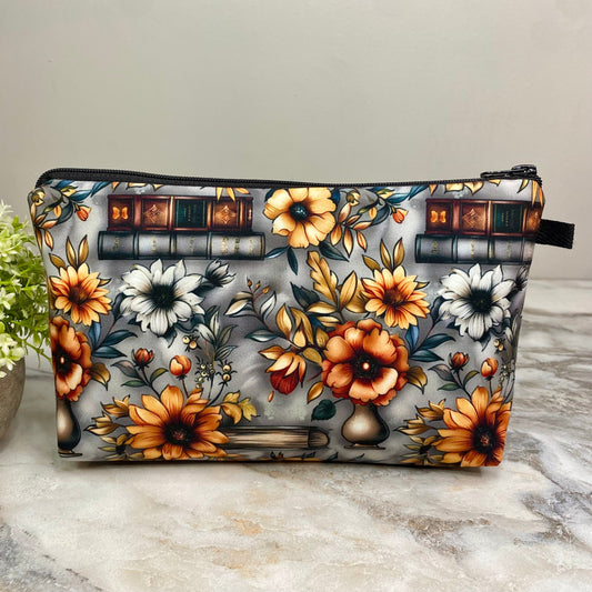 Pouch - Floral Books on Grey