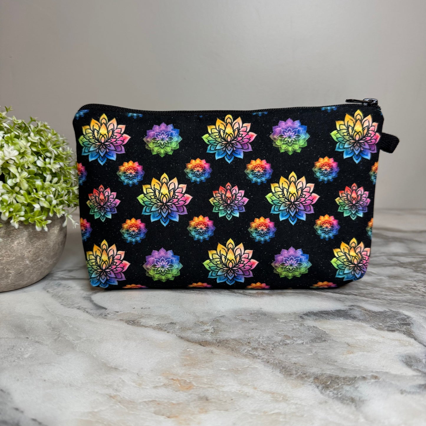 Rainbow Mandala on Black zipper pouch by Arimel by Emily
